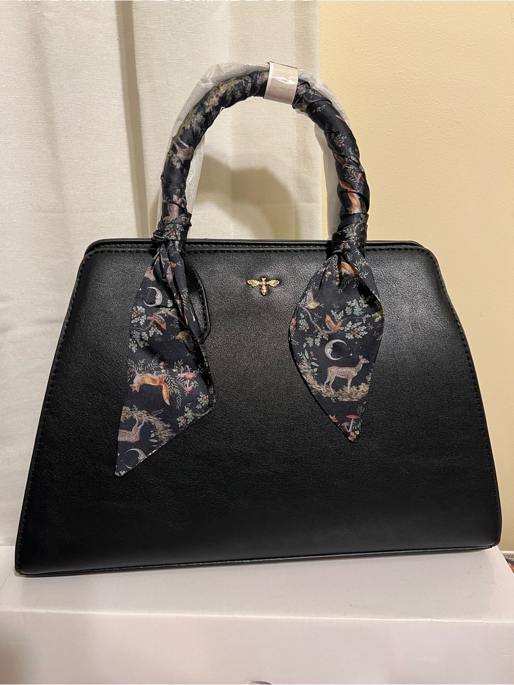 Fable England - Structured Black Satchel with Decorative Scarf Tie